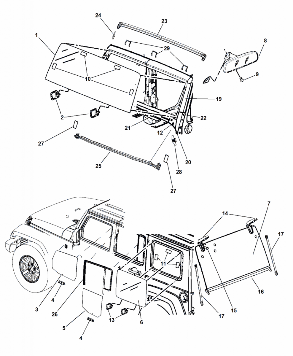 2017 Jeep Wrangler Glass, Glass Hardware & Interior Mirror