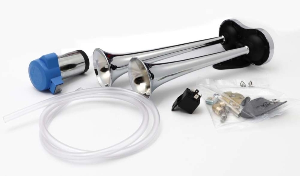 Hupe Doppelhorn-Druckluft 12 Volt 35cm und 31cm lang Trichter aus hochglanzverchromten Messing