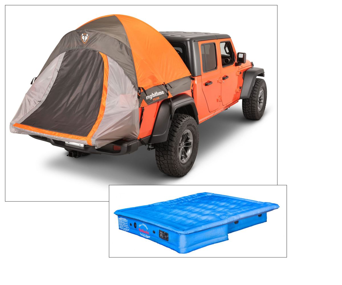 Fahrzeugzelt Zelt mit blauem Luftbett Jeep Gladiator JT 20- Rightline Gear  4x4  Truck Tent with